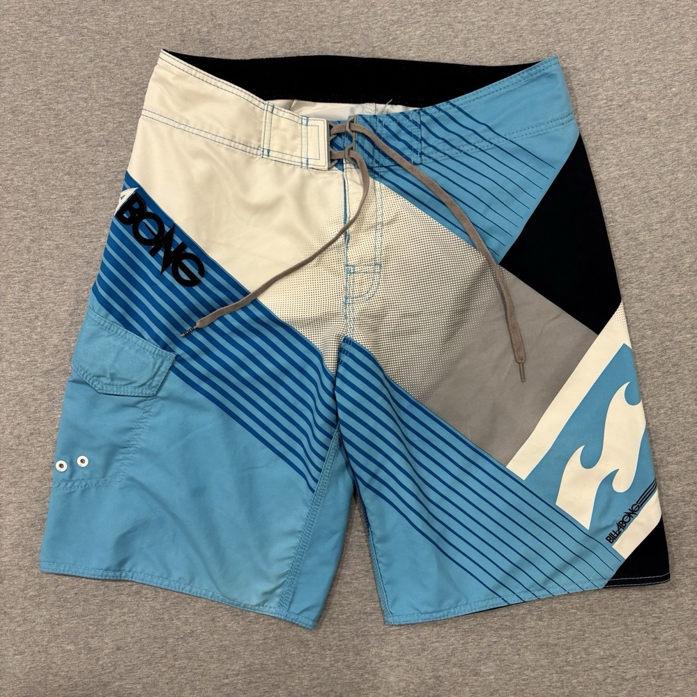 Y2K Style Billabong Board Shorts Mens Size 34 Aqua Blue White Geometric Surfwear